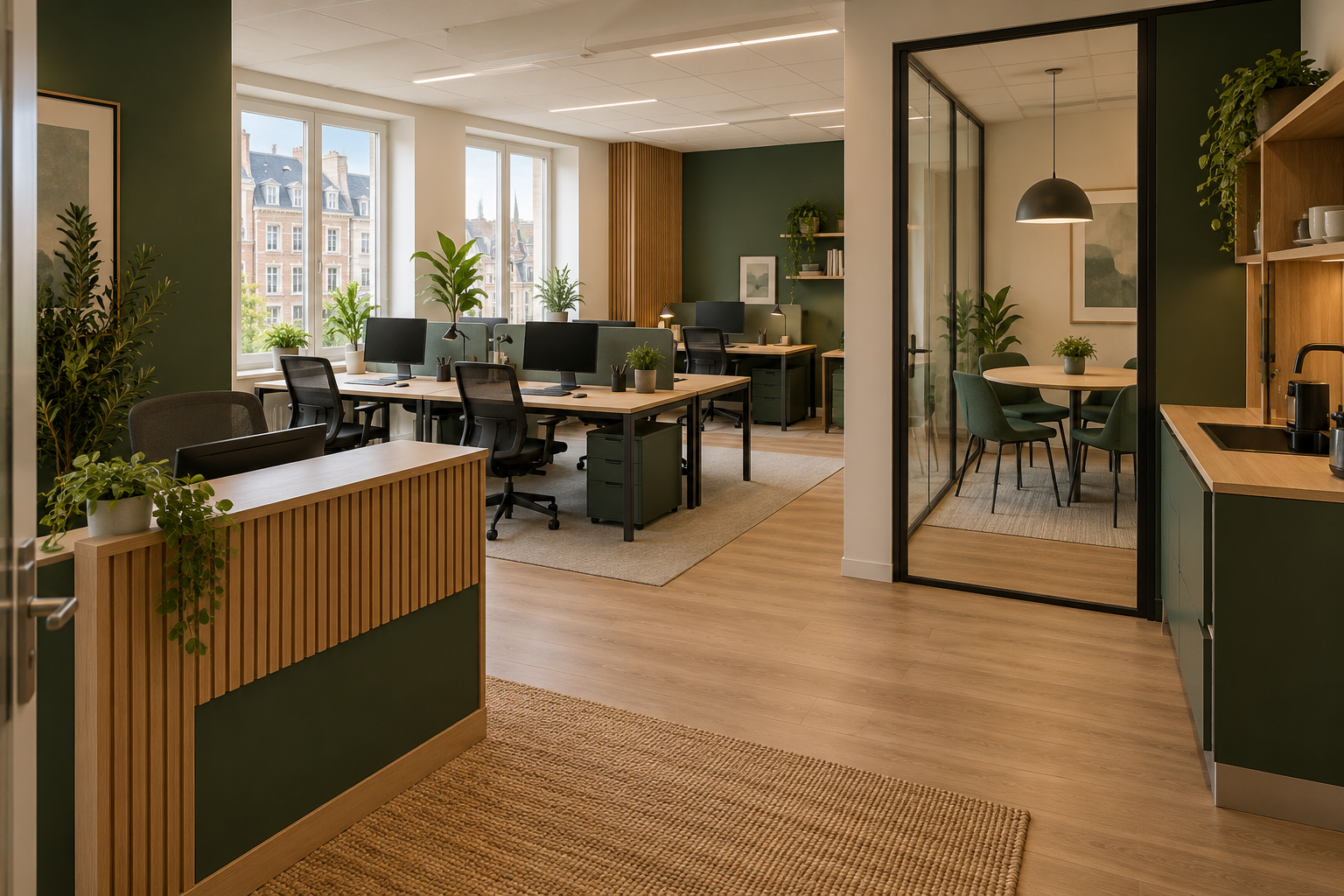 Illustrative office concept; the plan focuses on commercial operations.